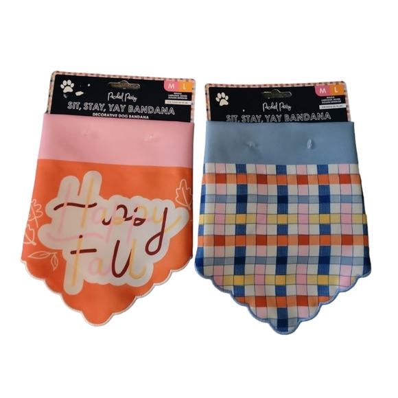 Packed Party Bandana "Happy Fall" Spelled Out Org/Pink Halloween Blue Plaid  M/L - Picture 1 of 10